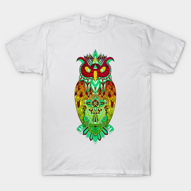 kawaii owl in mexican tribal totonac magical patterns art ecopop T-Shirt by jorge_lebeau